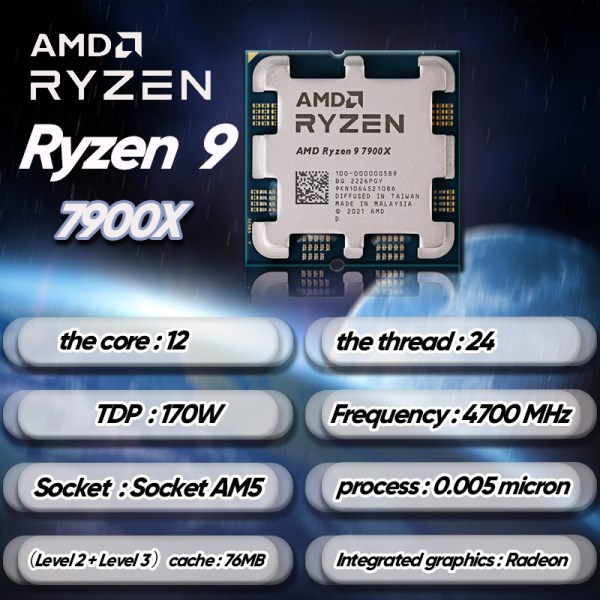 Новый Ryzen 9 7900X R9 7900X 4.7 GHz 12-Core 24-Thread CPU Processor 5NM L3=64M 100-000000589 Socket AM5 New but without cooler