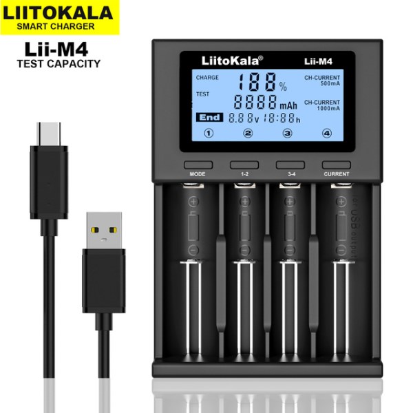 Новый 2023, зарядное устройство LiitoKala Lii-M4 18650, универсальное умное зарядное устройство с ЖК-дисплеем, тестовая емкость для 26650, 18650, 21700, AA, AAA и т. д., 4 слота